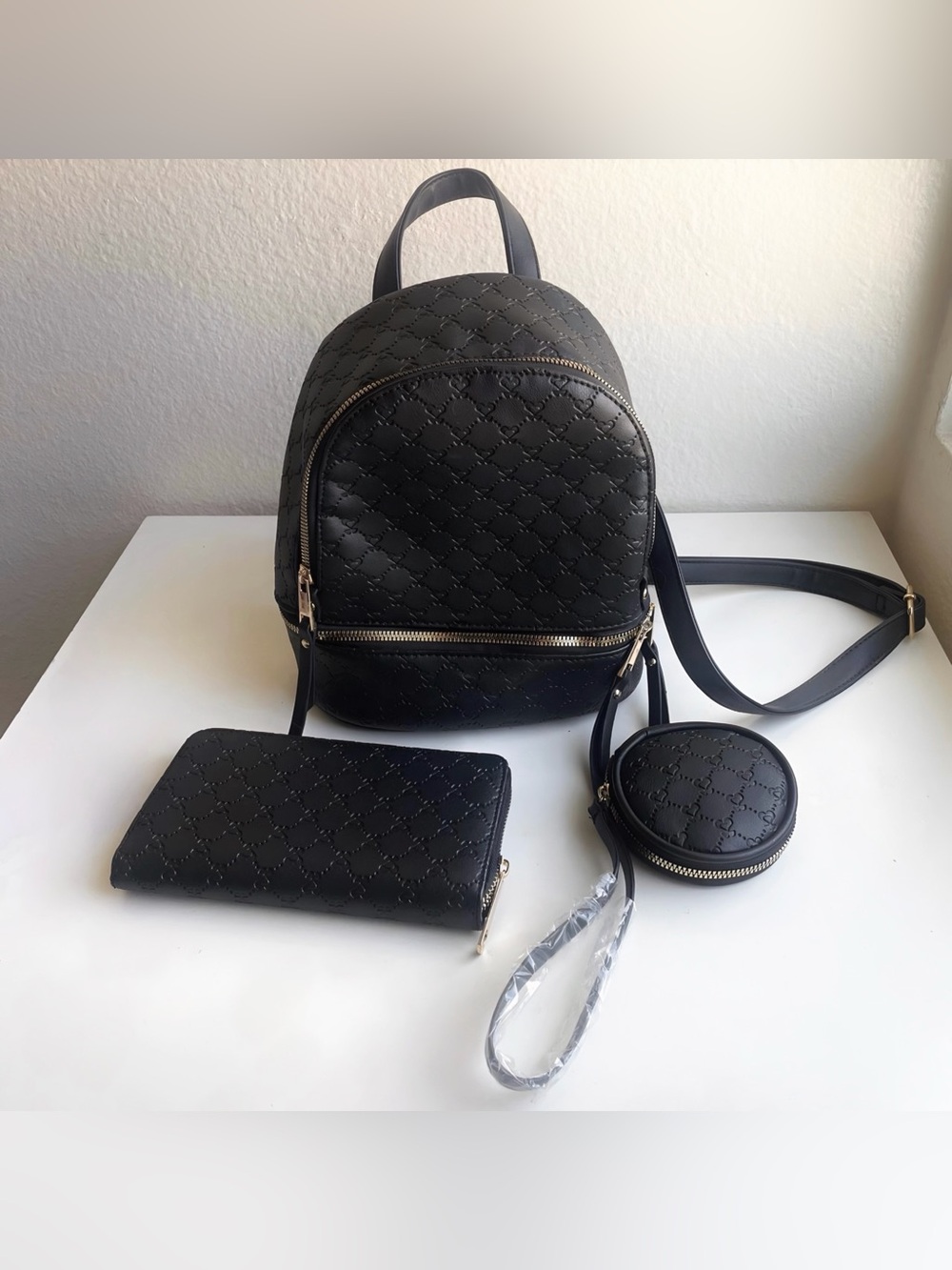 Black Quilted Mini Backpack Set with Wallet and Coin Pouch